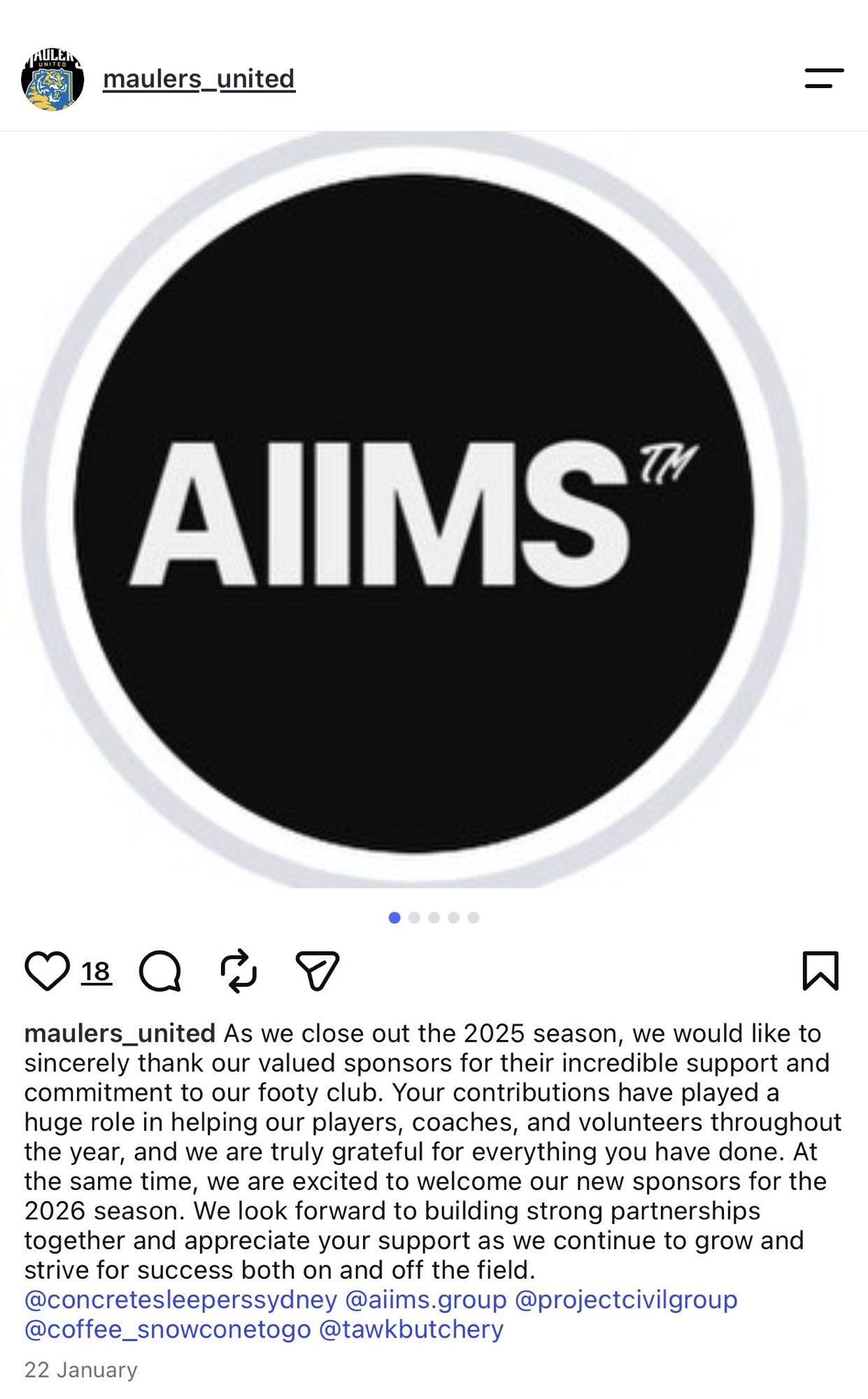 Fairfield Maulers Instagram thank-you post recognising AIIMS Group among the club sponsors